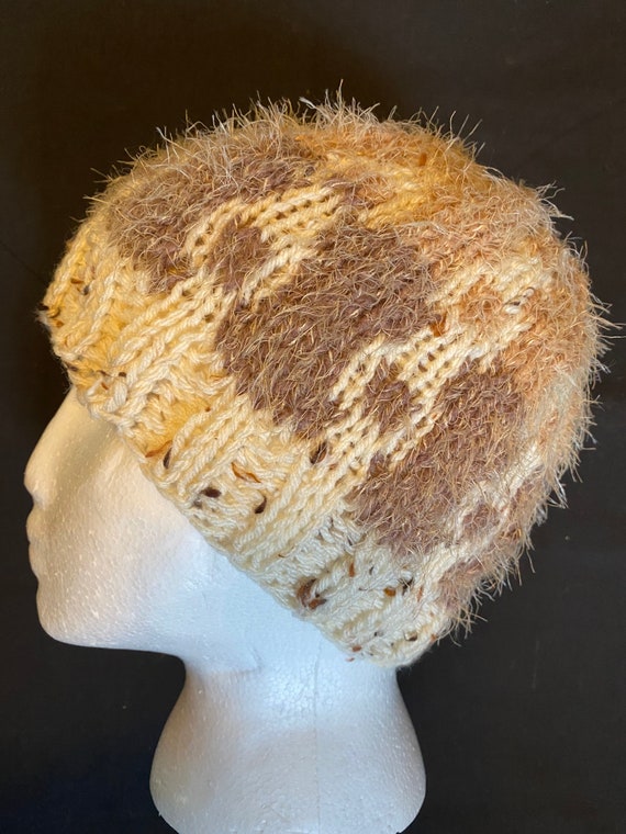 Fuzzy warm hand knit fair isle winter beanie hat in cream tweed, mauve and caramel