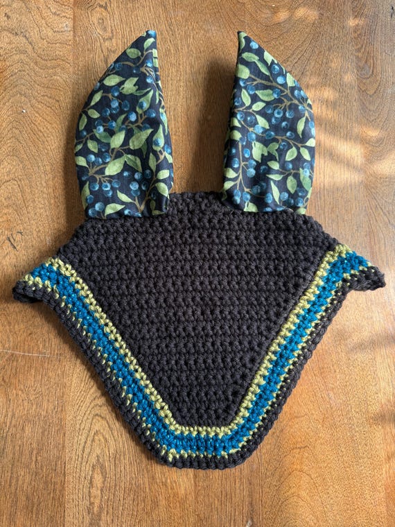 Handmade Black Equestrian Fly Bonnet with Blueberry Ears, Teal Accent Trim