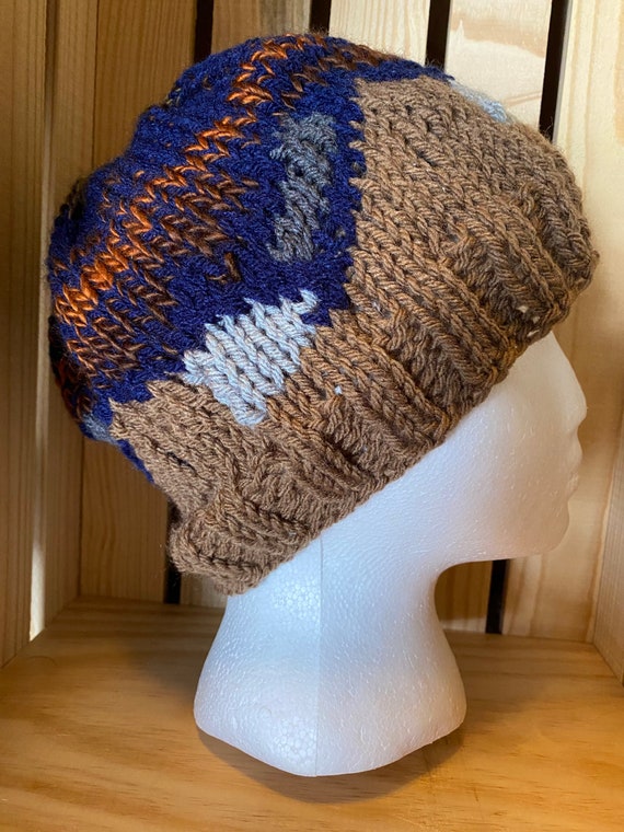 Mountain scape sunset hand knit beanie hat