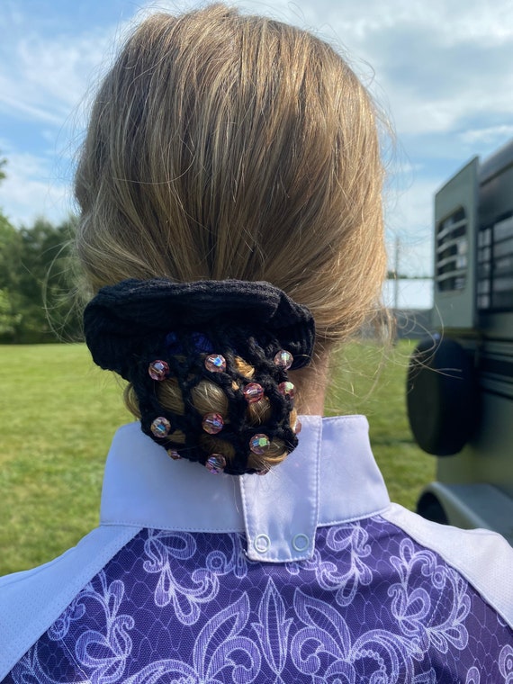 Dressage Eventing equestrian show hair bun customized beaded scrunchie net