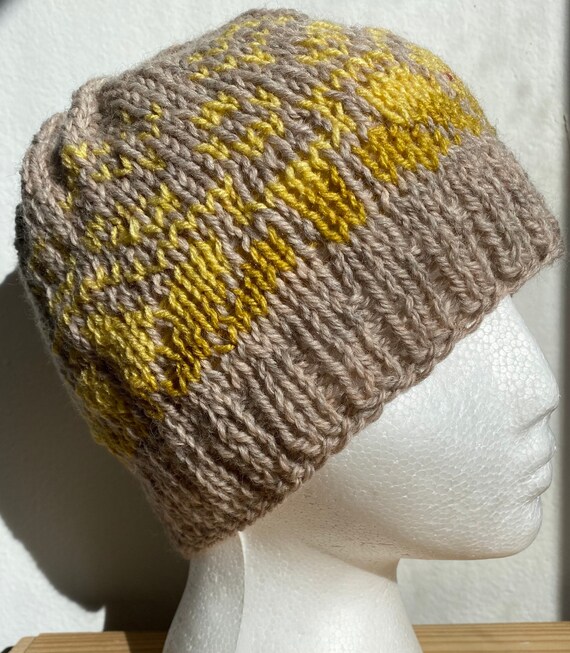 Hand knit fair aisle wool yellow and oatmeal winter beanie hat