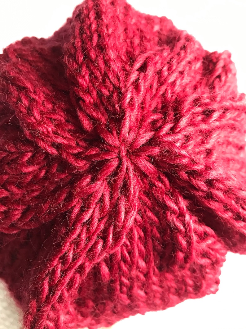 Hand knit eyelet lace scarlet red beanie hat in bamboo fiber