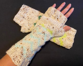 Hand knit fair isle fingerless gloves in cream tweed with lime, teal and green chevron