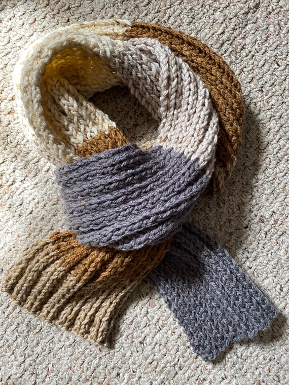 Hand knit gray caramel cream stone heathered rib knit long scarf