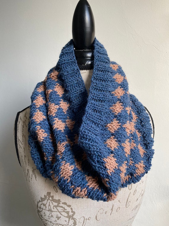 Hand knit fair isle argyle cowl scarf in alpaca wool blend