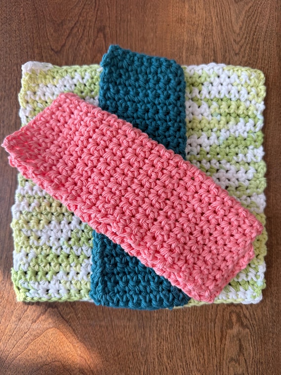 Set of 3 cotton dishcloths 100% sustainable cotton in teal, coral and spring green