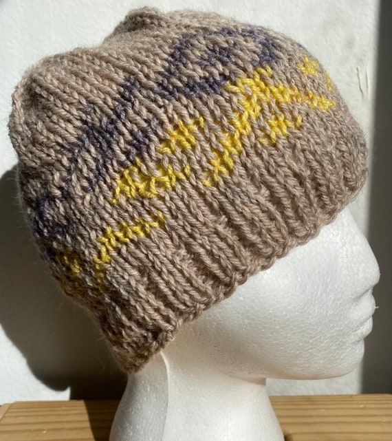 Fair aisle purple yellow and oatmeal wool hand knit beanie hat