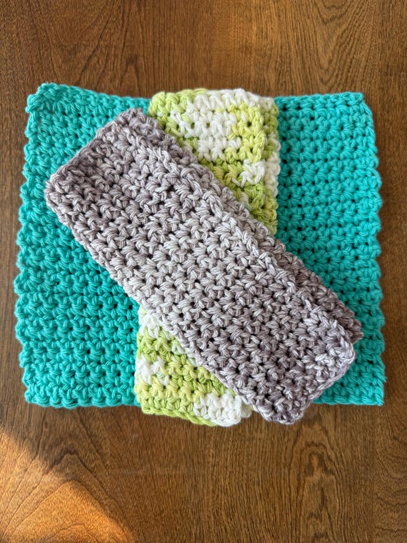 Set of 3 cotton dishcloths 100% sustainable cotton in stone, spring green and aqua