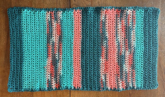 Hand crocheted teal aqua and coral patchwork country kitchen towel 100% cotton