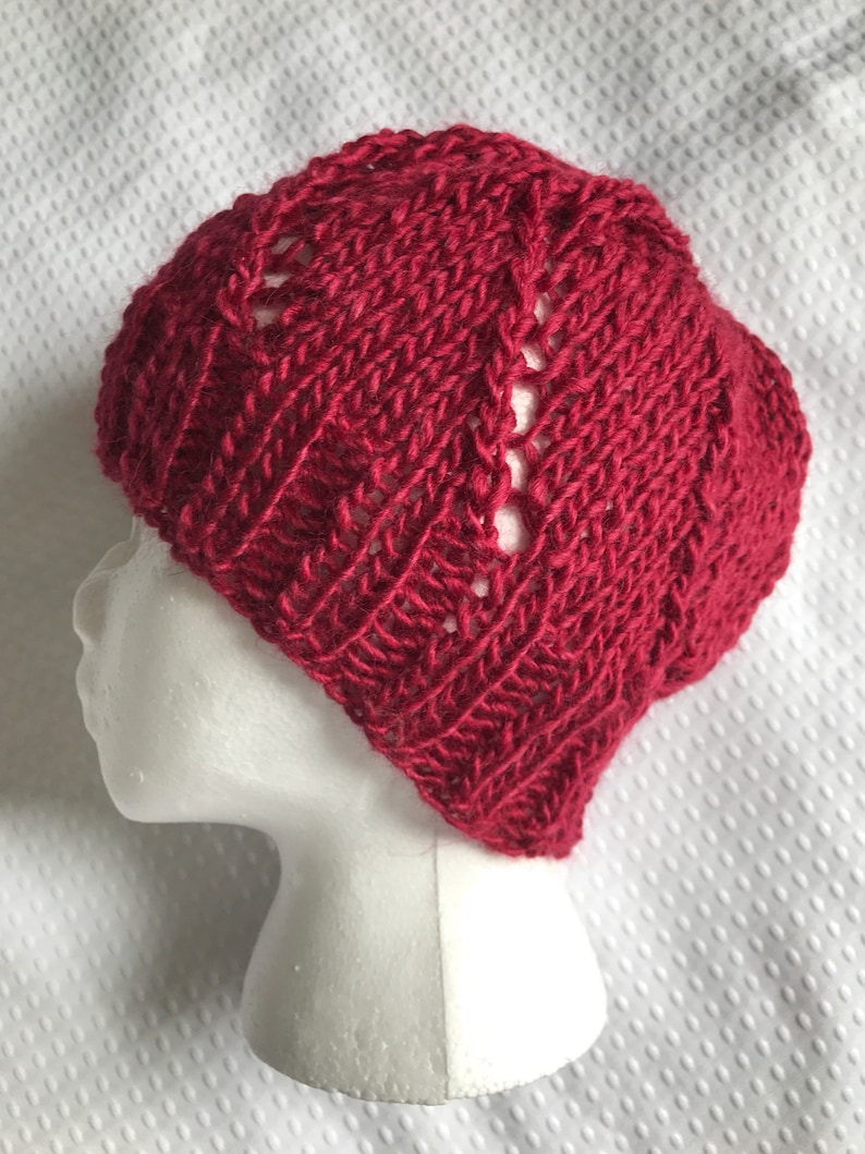 Hand knit eyelet lace scarlet red beanie hat in bamboo fiber