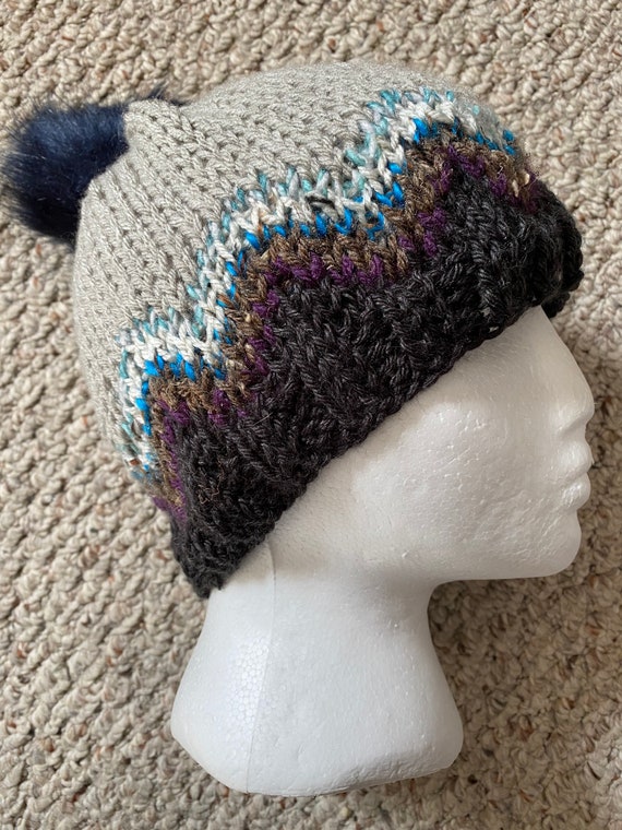 Multicolor chevron fair isle hand knit beanie with Pom Pom - charcoal, brown, cream, green, blue, purple, gray, navy