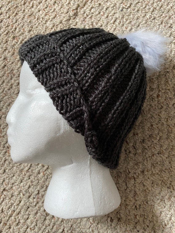 Charcoal Gray ribbed hand knit beanie fall winter hat with pale gray blue Pom Pom