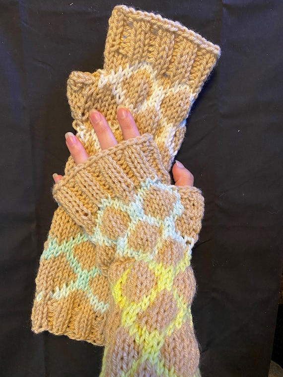 Hand knit fair isle fingerless gloves in cream with green and teal lattice