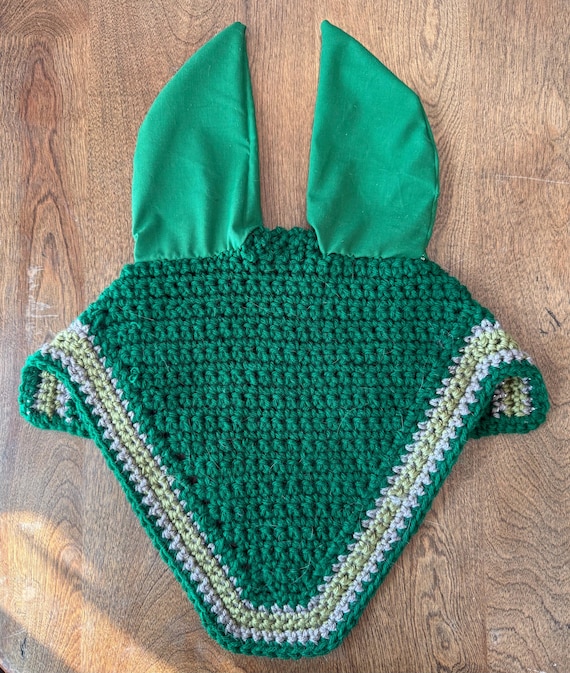 Handmade Kelly green equestrian fly bonnet with sparkling gray and moss green accent trim