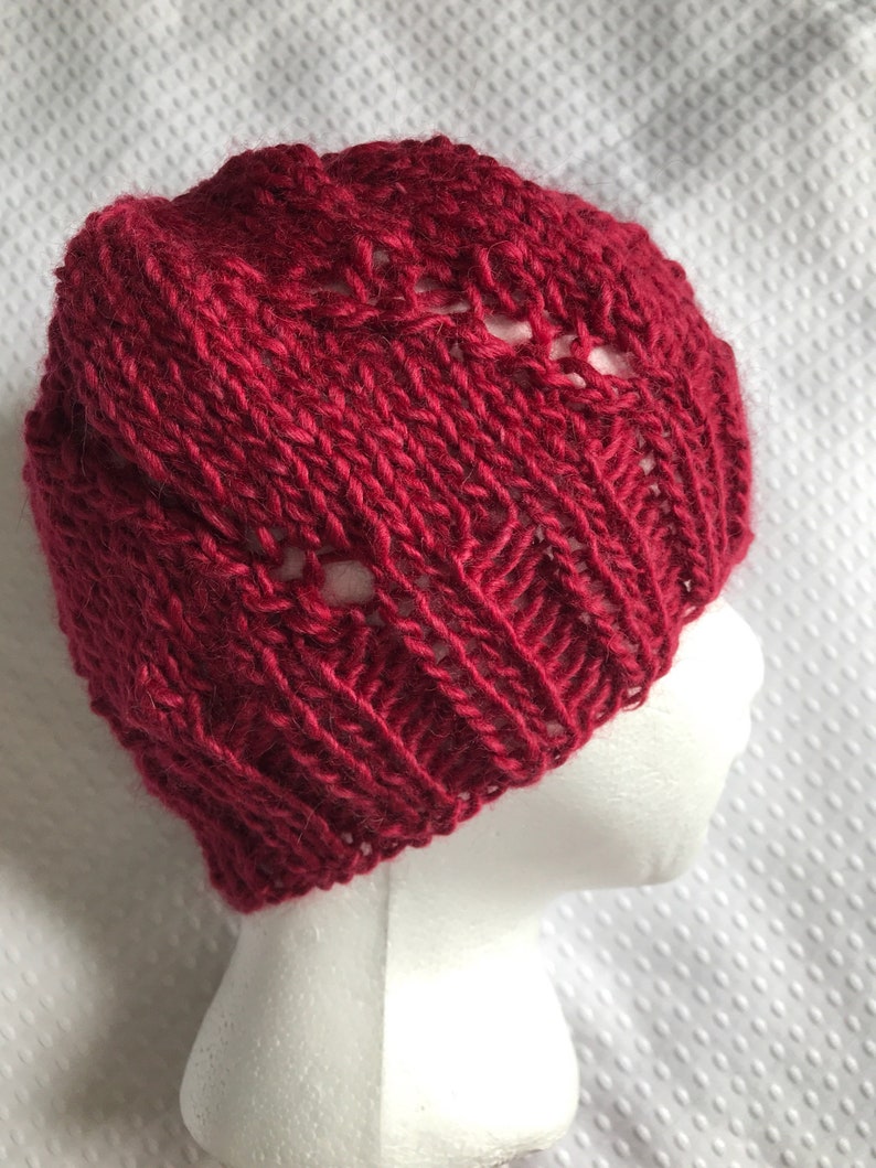 Hand knit eyelet lace scarlet red beanie hat in bamboo fiber