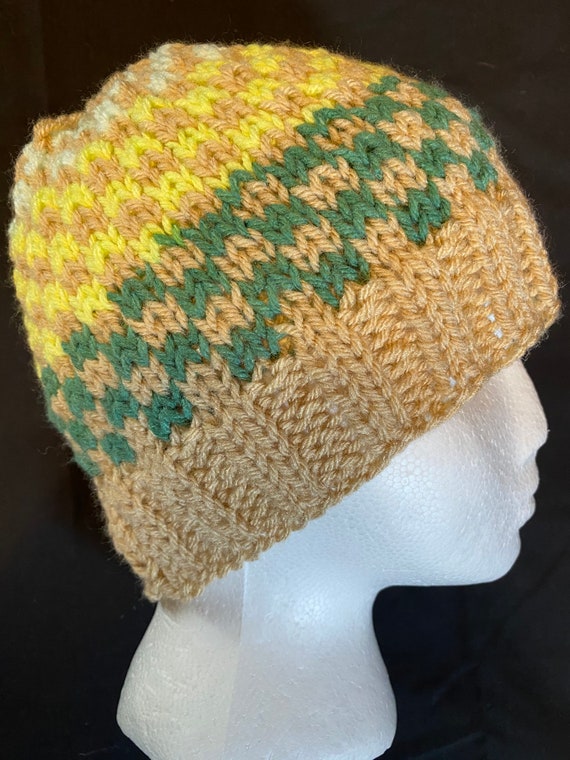 Hand knit cream green, lime, and teal checkered winter beanie ski hat