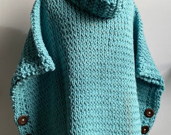 Pullover wide sleeve hand knit poncho sweater in soft teal with dark stained wood button accents