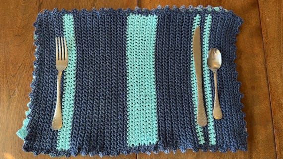 Set of 4 Hand Crocheted Placemats, Teal, Aqua, Blue, Periwinkle