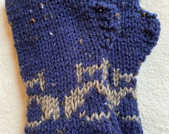Hand knit and lined fair aisle navy blue and brown owl fingerless gloves