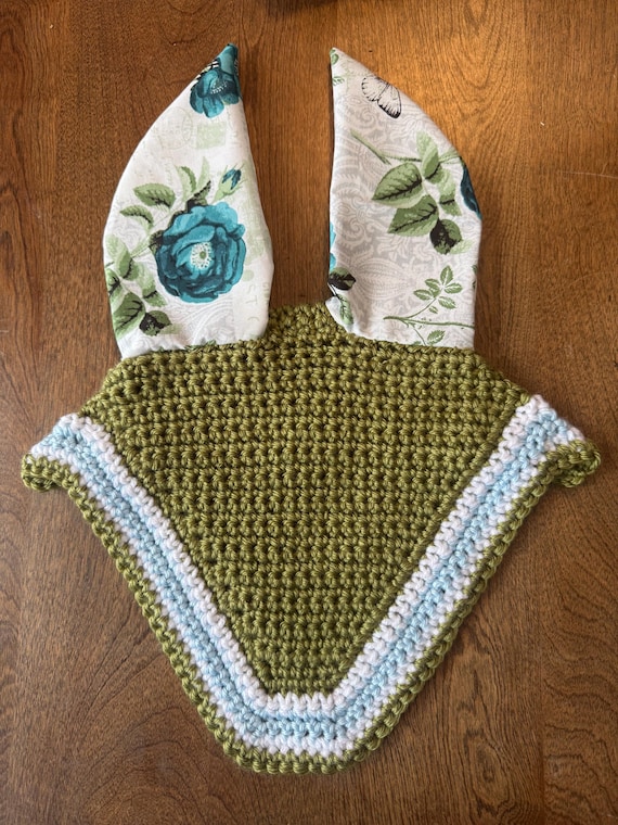 Handmade Equestrian Fly Bonnet: Spring Green, Blue Rose Ears, White/Blue Trim (Horse Size)