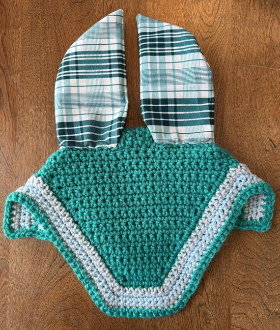 Handmade Teal Crochet Fly Bonnet, Plaid Ears - Horse/Pony Size