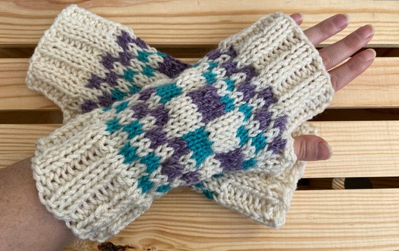 Hand knit fingerless gloves: teal purple cream checkered fair isle