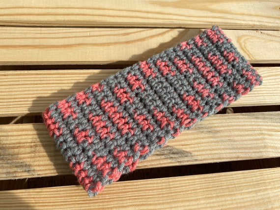 Hand crocheted chevron Diamond ear warmer headband in baby pink and gray