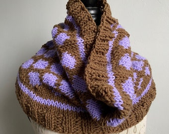 Hand knit lavender and latte brown lattice pattern neck warmer cowl scarf