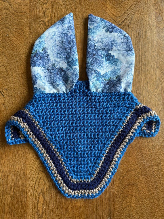 Bright Blue Equestrian Fly Bonnet with Hydrangea Ears, Gray Navy Trim – Horse Size