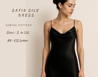 Black Satin Slip Dress Sewing Pattern – Cowl Neck Midi (PDF Pattern)
