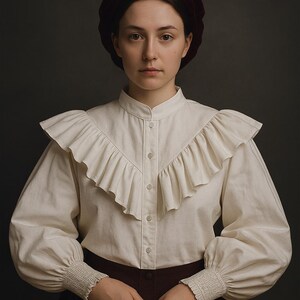 May include: A portrait of a person wearing a cream-colored blouse with a ruffled collar and long sleeves. The sleeves have gathered cuffs. The person is also wearing a dark burgundy beret and skirt. The background is a dark gray.
