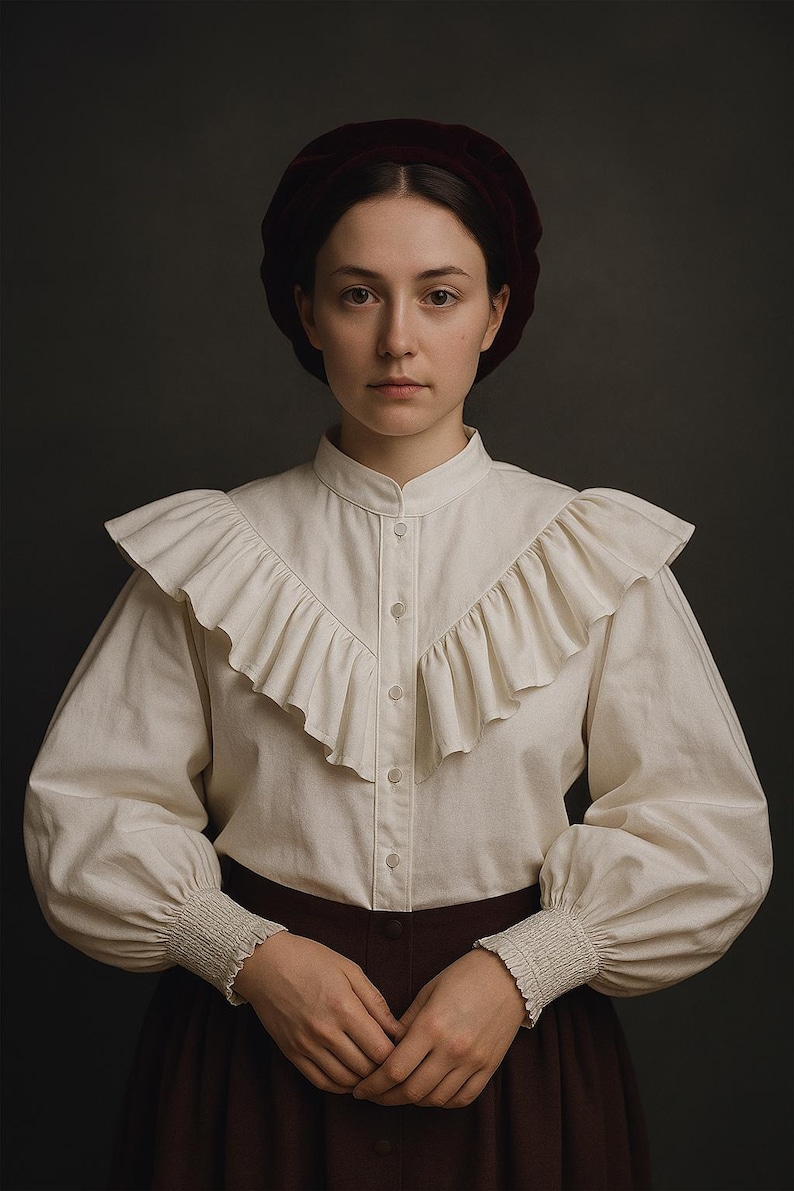 May include: A portrait of a person wearing a cream-colored blouse with a ruffled collar and long sleeves. The sleeves have gathered cuffs. The person is also wearing a dark burgundy beret and skirt. The background is a dark gray.