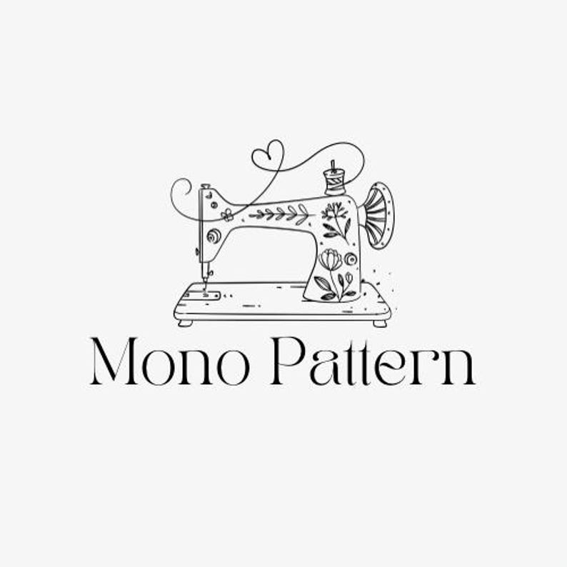 Puede incluir: Dibujo lineal en blanco y negro de una m&aacute;quina de coser vintage con detalles florales y un dise&ntilde;o de hilo en forma de coraz&oacute;n. El texto "Mono Pattern" est&aacute; debajo.