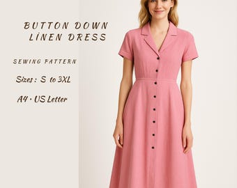 Buttondown Linen Summer Dress, V neck, Shirtdess, Aline Dress, Ladies Size S to 3XL