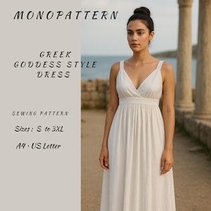 Peut inclure: Une femme porte une robe blanche de style déesse grecque. La robe a un col en V et des bretelles spaghetti. Le texte de l'image comprend "MONOPATTERN", "GREEK GODDESS STYLE DRESS", "SEWING PATTERN", "Tailles: S à 3XL", et "A4. US Letter".