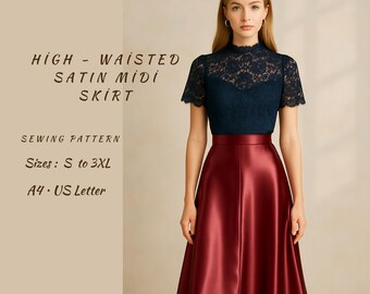 Satin A-Line Midi Skirt Sewing Pattern – High Waist (Sizes S to 3XL) (Digital Download)