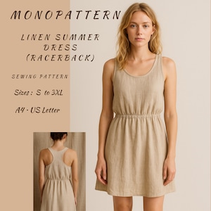 Linen Summer Dress Sewing Pattern: Sleeveless Racerback, Elastic Waist (PDF Download, A4/US Letter)