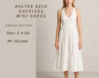 Boho Halter Midi Dress Sewing Pattern: Tiered Sundress (PDF Pattern, Sizes S-3XL)