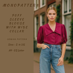 Puede incluir: Blusa burdeos con mangas abullonadas, cuello ancho y cierre de botones, combinada con vaqueros azules. La imagen incluye texto: "MONOPATTERN", "PUFF SLEEVE BLOUSE WITH WIDE COLLAR" y "SEWING PATTERN". Tallas disponibles: S a 3XL.