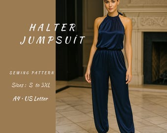Halter Neck Jumpsuit Sewing Pattern: Sleeveless Backless Design (Sizes S-3XL) (PDF Pattern)
