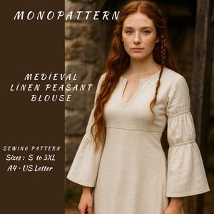 Medieval Linen Peasant Blouse, Bell Sleeve Renaissance Top, Historical Shirt for Women – Ladies Sizes S to 3XL – A4/Letter Sewing Pattern