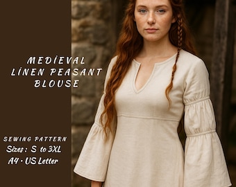 Linen Renaissance Peasant Blouse Sewing Pattern: Bell Sleeve Medieval Top (PDF Pattern, S-3XL)