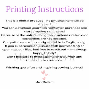 May include: A white background with the text "Printing Instructions" in purple. The text explains that this is a digital product, and the patterns are available in English only. The image also includes the MonoPattern logo.