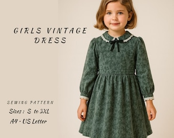 Girls Vintage Dress Sewing Pattern | Peter Pan Collar (A4/Letter PDF)