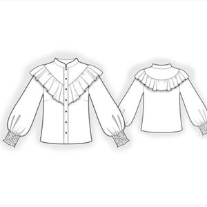May include: A white blouse design with a high collar and ruffled trim. The long sleeves have a gathered cuff at the wrist. The blouse has a button-down front. The image shows the front and back of the blouse.