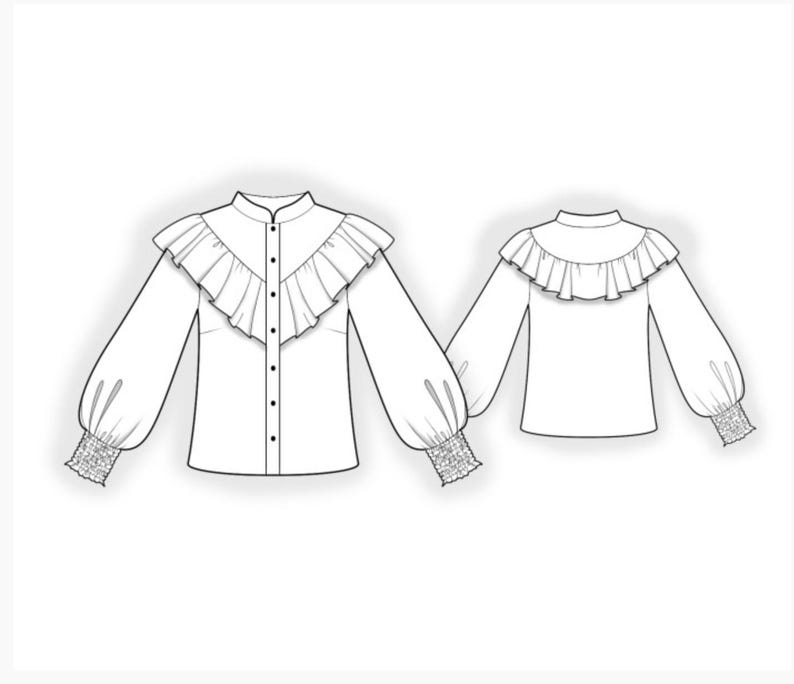 May include: A white blouse design with a high collar and ruffled trim. The long sleeves have a gathered cuff at the wrist. The blouse has a button-down front. The image shows the front and back of the blouse.