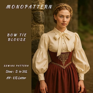 Bow Tie Blouse Pattern – Romantic Renaissance Style Shirt – Puff Sleeve Vintage Top  – Ladies Sizes S to 3XL – A4/Letter Sewing Pattern