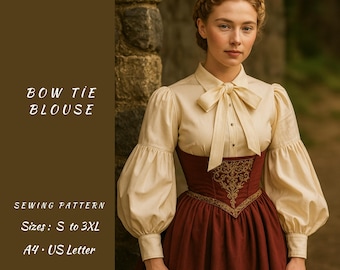 Bow Tie Blouse Sewing Pattern – Renaissance Puff Sleeve Top (A4/Letter)