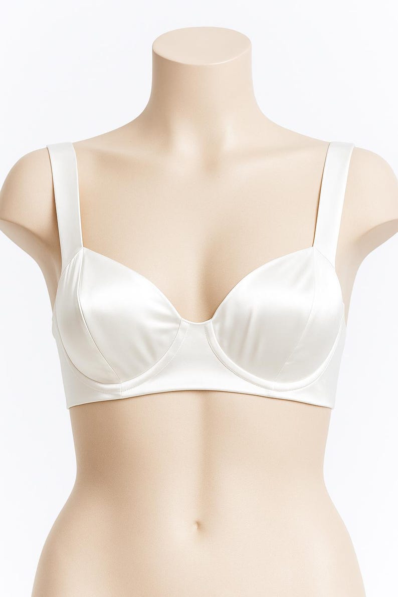 Puede incluir: Sujetador blanco de sat&eacute;n con tirantes anchos. El sujetador tiene un dise&ntilde;o cl&aacute;sico con aros y un acabado liso y sin costuras. El sujetador se muestra en un maniqu&iacute;.
