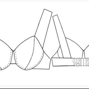 Puede incluir: Dibujo lineal de un sujetador, que muestra las vistas delantera y trasera. El sujetador tiene tirantes anchos y un dise&ntilde;o cl&aacute;sico con soporte de aros. La vista trasera muestra un cierre de corchetes.